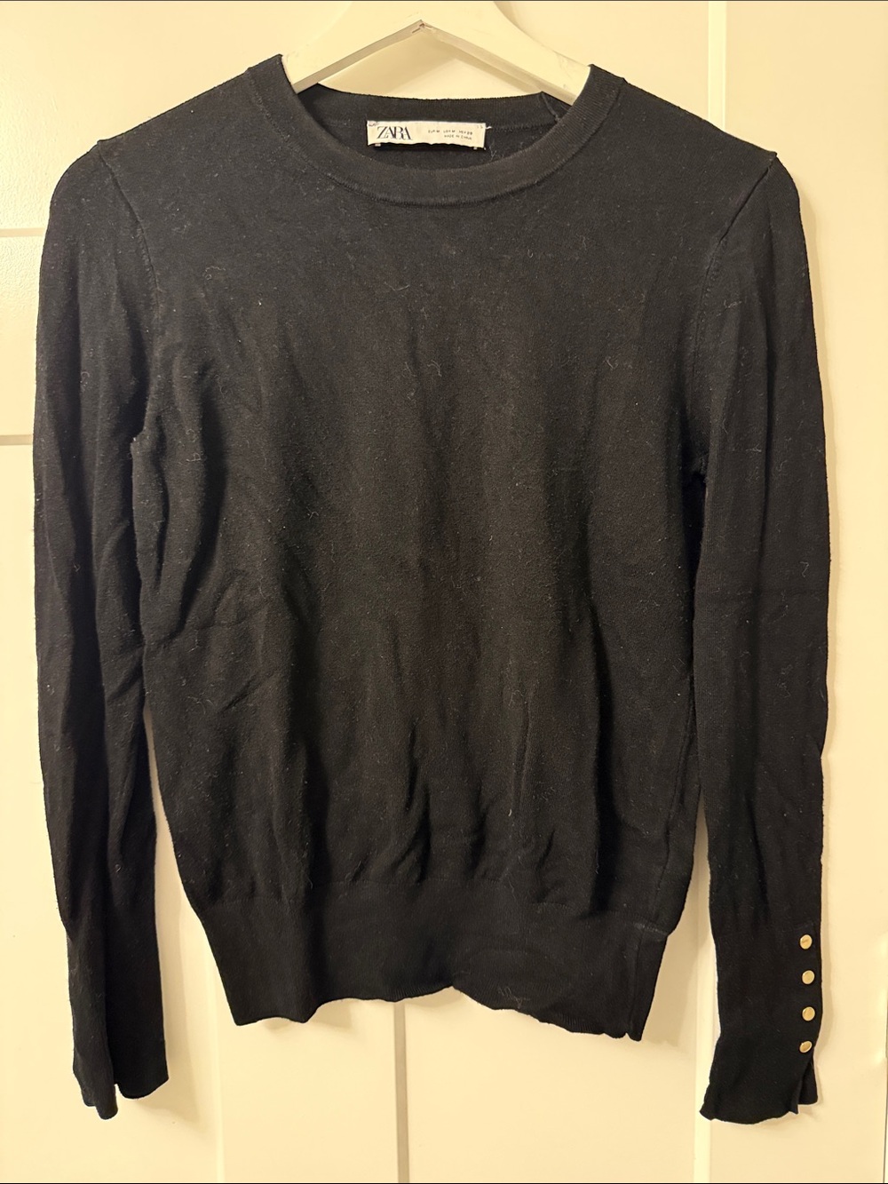 Zara Black Crewneck Sweater with Gold Sleeve Buttons